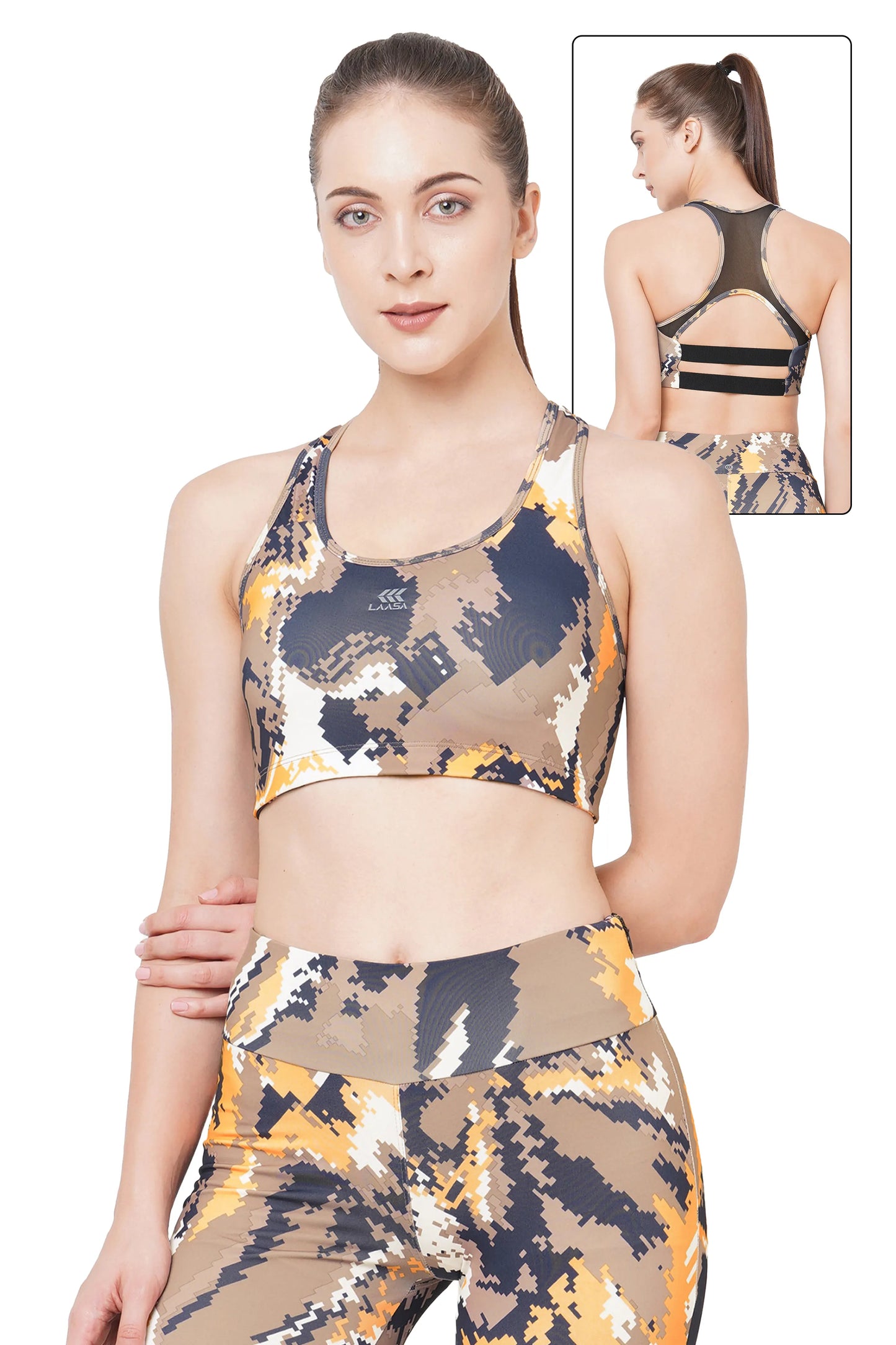 JUST-DRY NEON ORANGE & BLACK HIGH IMPACT DIGI CAMO PRINT RUNNING SPORTS BRA
