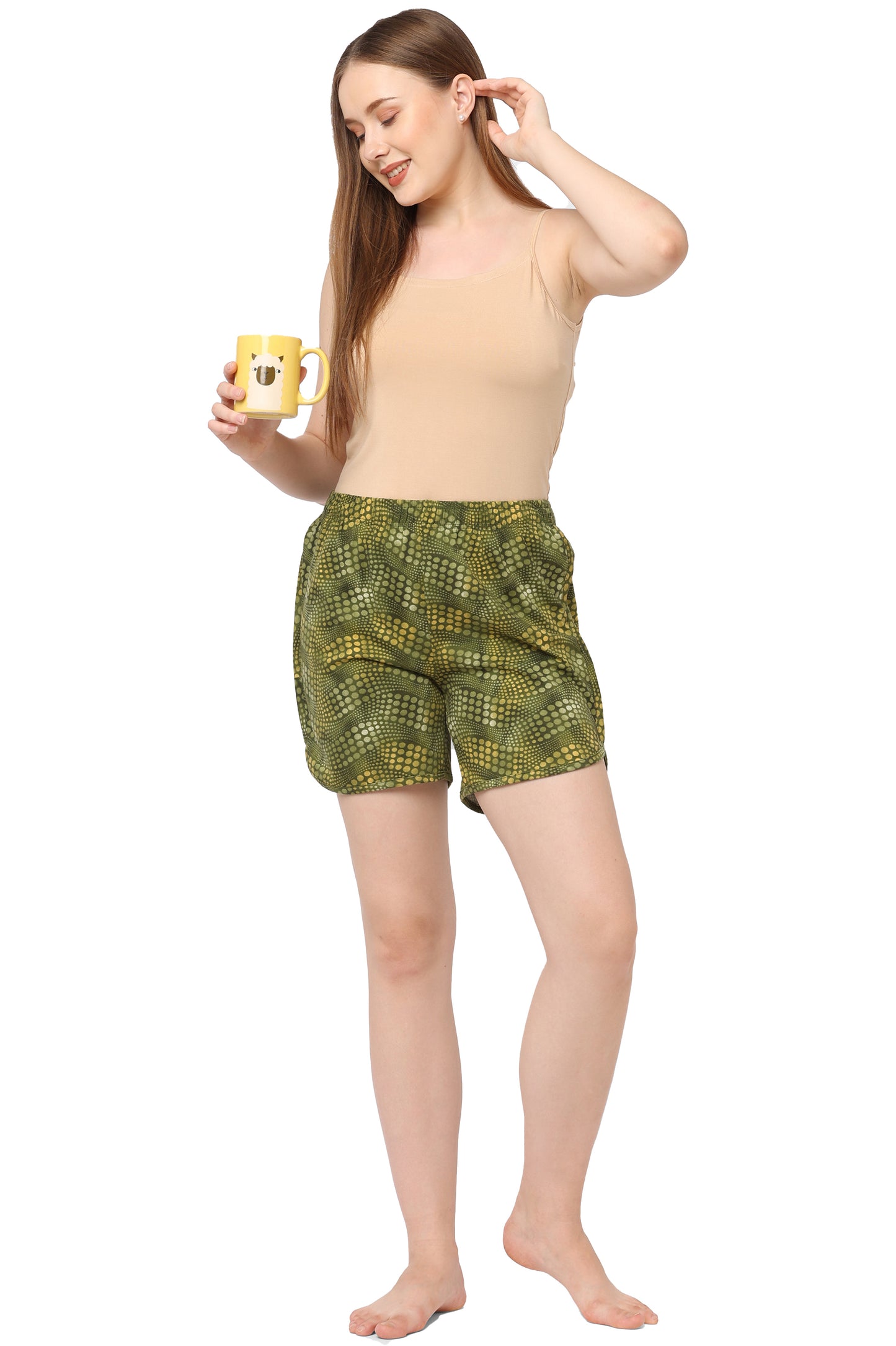 DOT PRINTED COTTON CURVED HEM NIGHT SHORTS