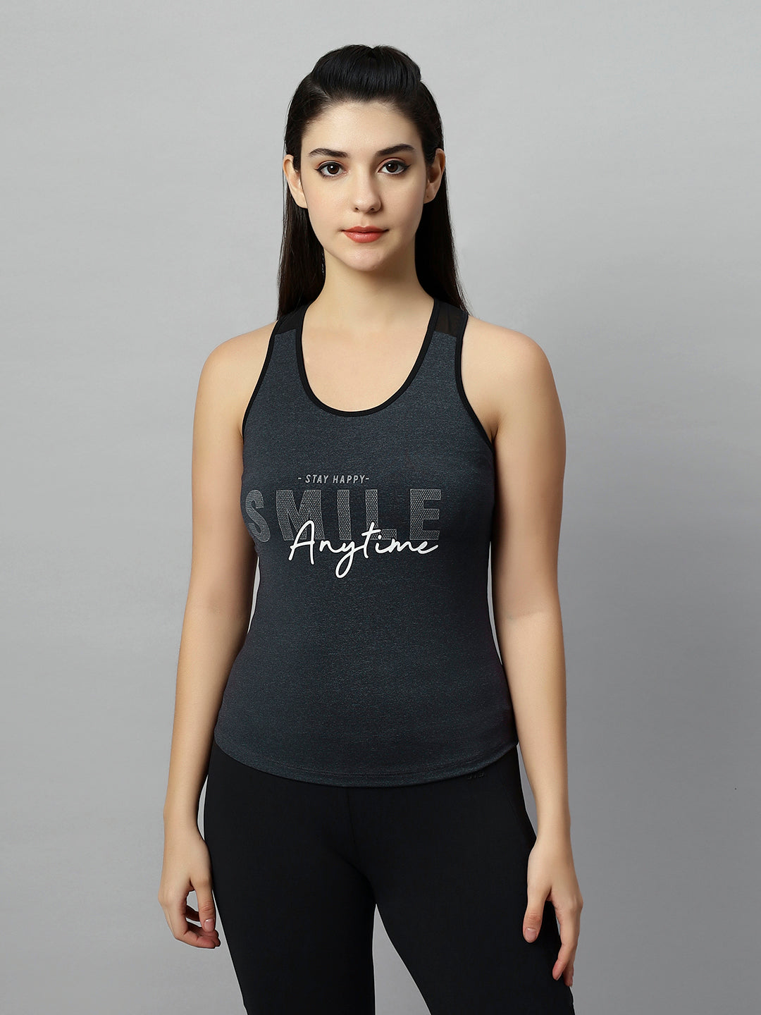 WOMEN SLIM FIT SCREEN PRINT DARK GREY TANK TOP With T BACK