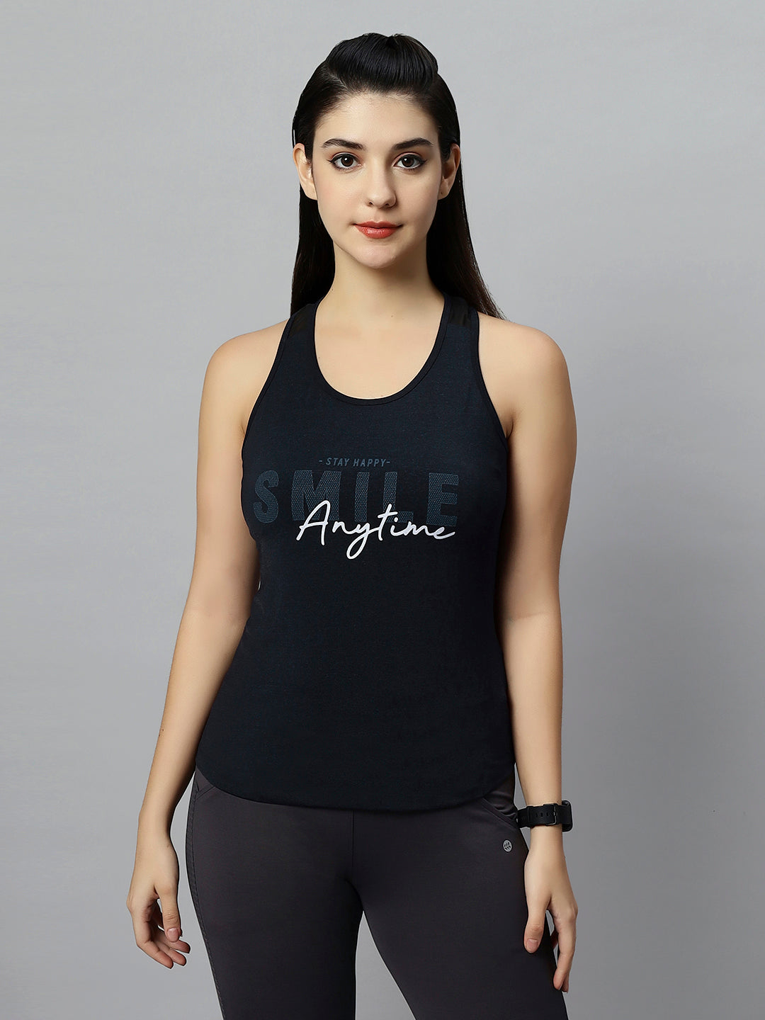 WOMEN SLIM FIT SCREEN PRINT DARK GREY TANK TOP With T BACK