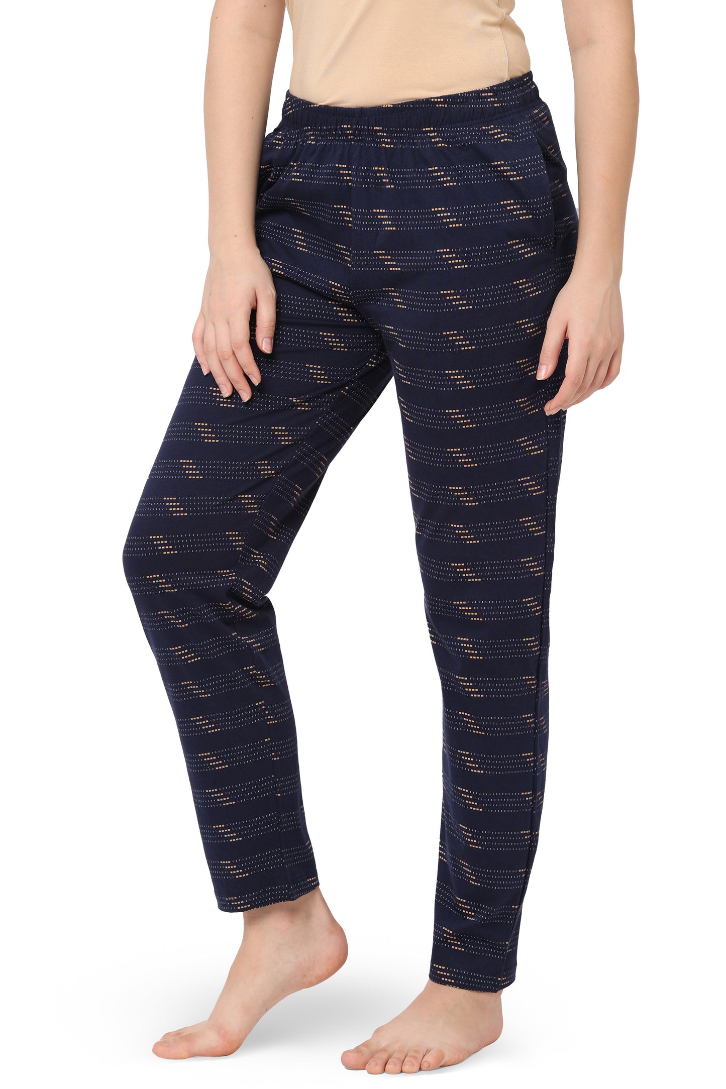 WOMEN'S PRINTED PYJAMAS WITH DOTTED STRIPE & SIDE POCKETS