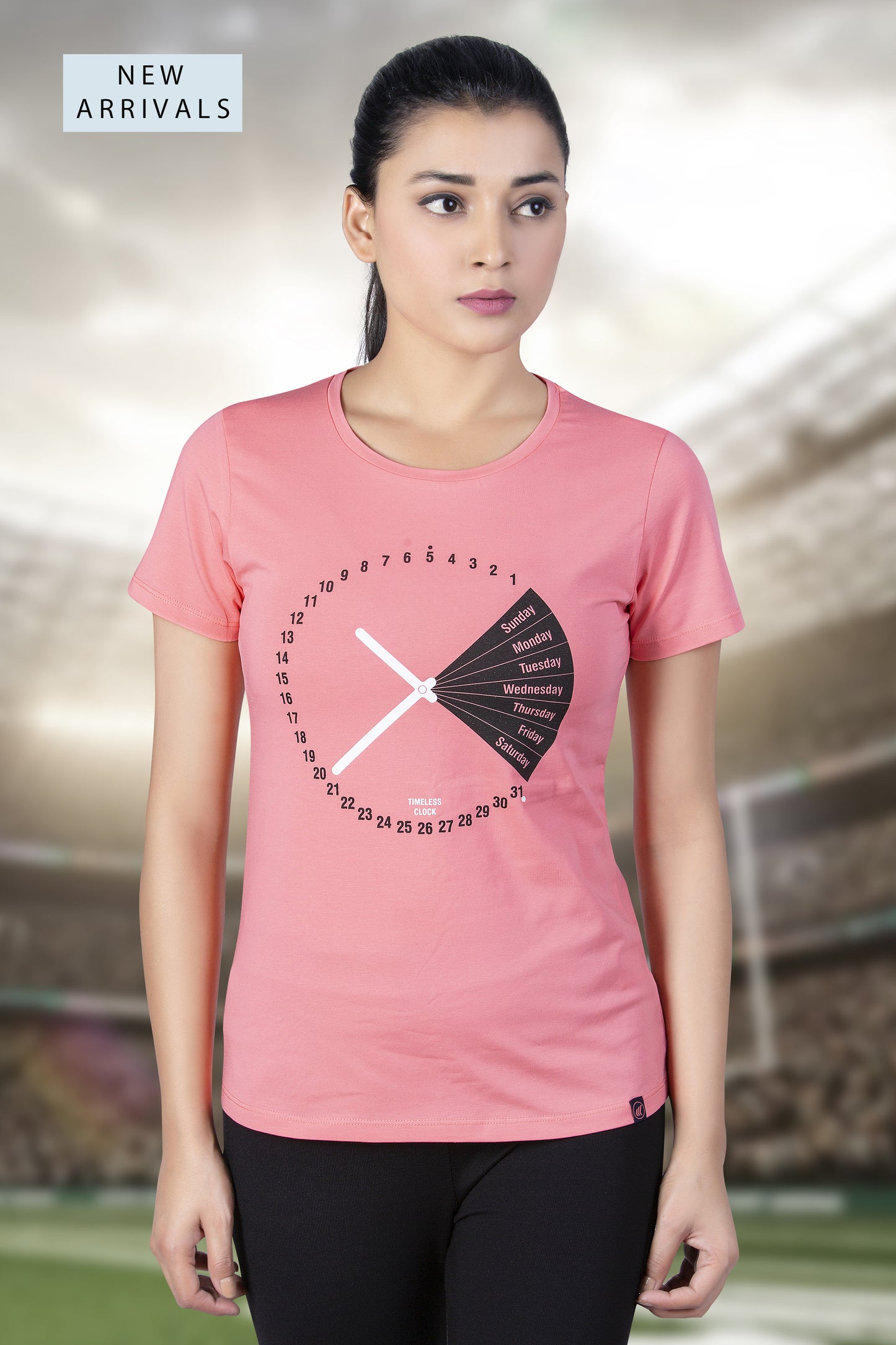 WOMEN'S COTTON DAY CLOCK SCREEN PRINTED T-SHIRT
