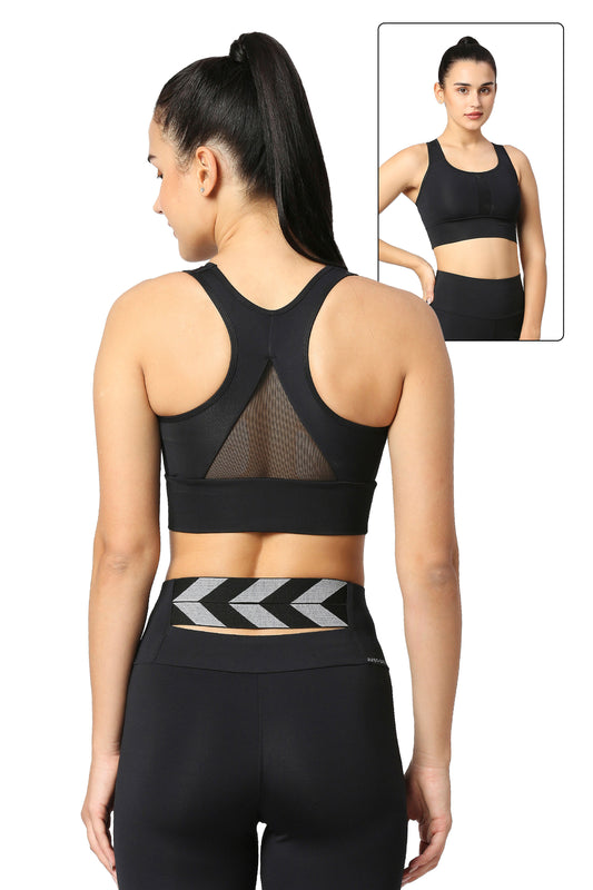 black sports bra with mesh racer back style for women