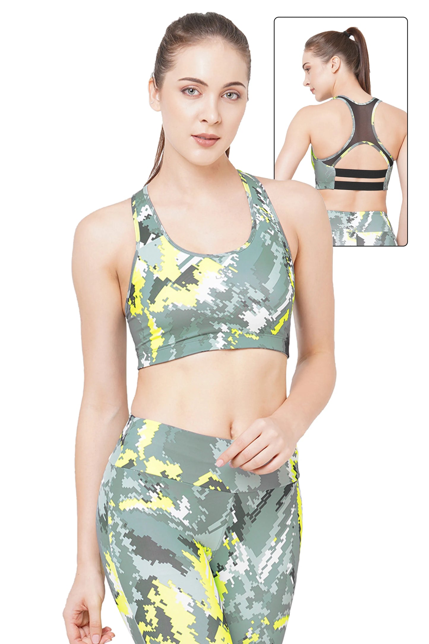 JUST-DRY NEON YELLOW & BLACK HIGH IMPACT DIGI CAMO PRINT RUNNING SPORTS BRA