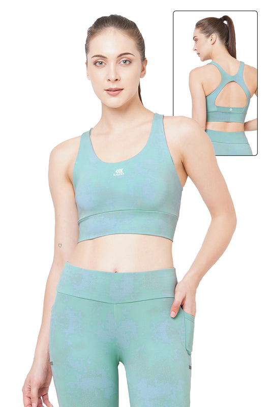 JUST-DRY TURKISH GREEN EARTHY PRINTED HIGH IMPACT WORKOUT SPORTS BRA