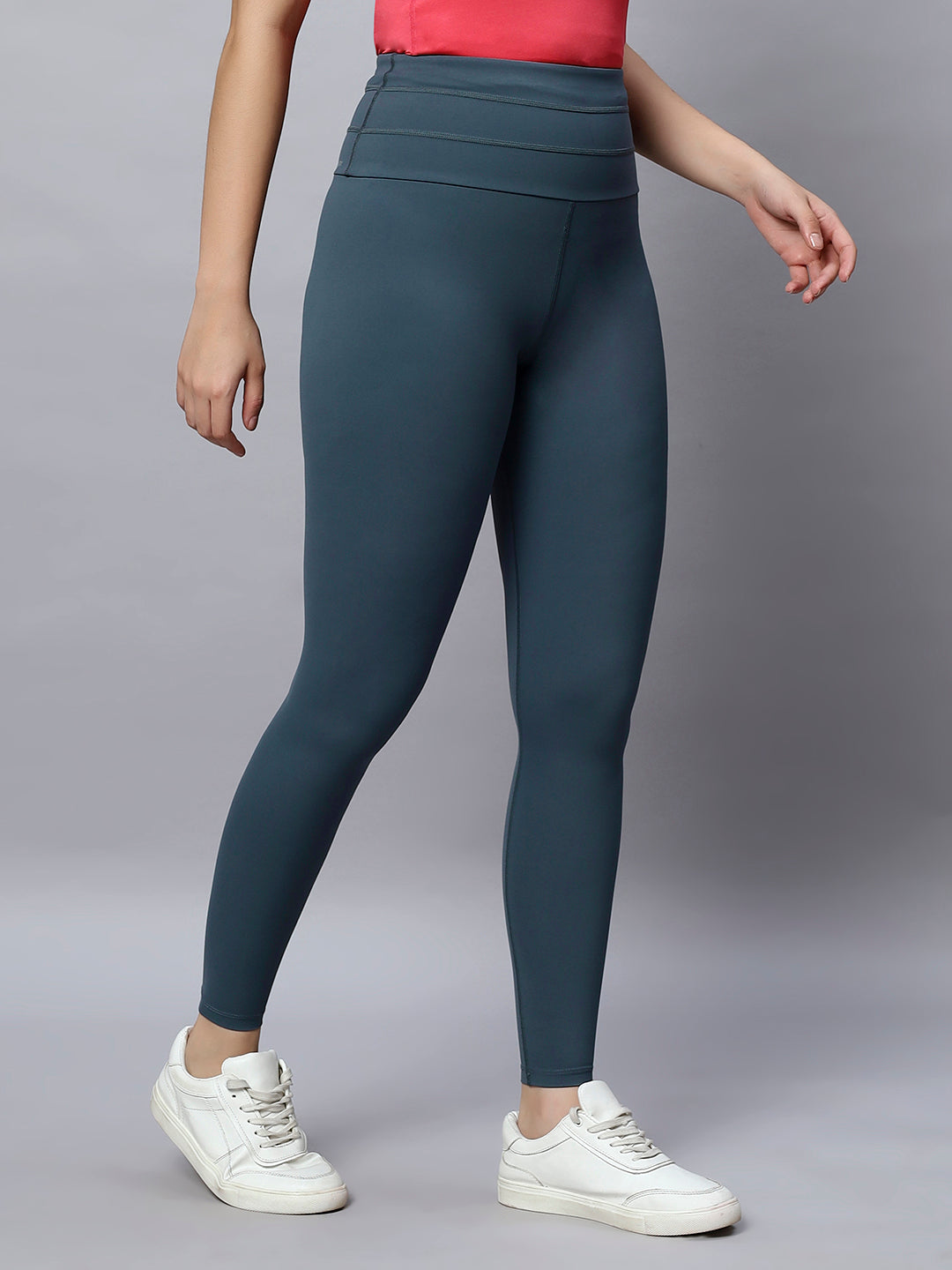 WOMEN SLIM FIT HIGH WAIST SOLID SLATE BLUE WORKOUT PANT WITH ANKLE LENGTH