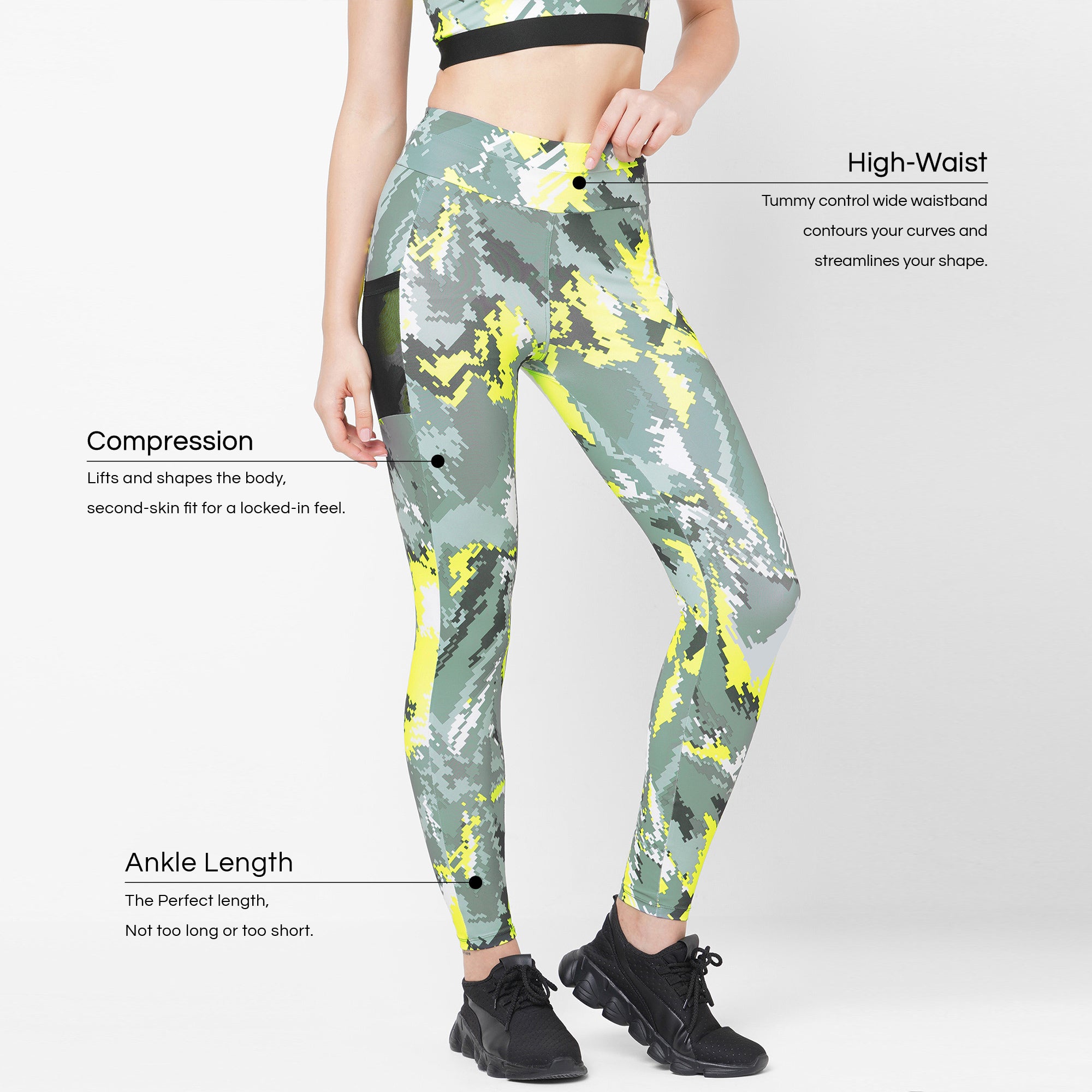 Women's Active Camouflage Workout Leggings. • High rise waistband features  a pocket for keys, cash, or phone • Faded camouflage print • 4-way stretch  for a move with you feel • Moisture