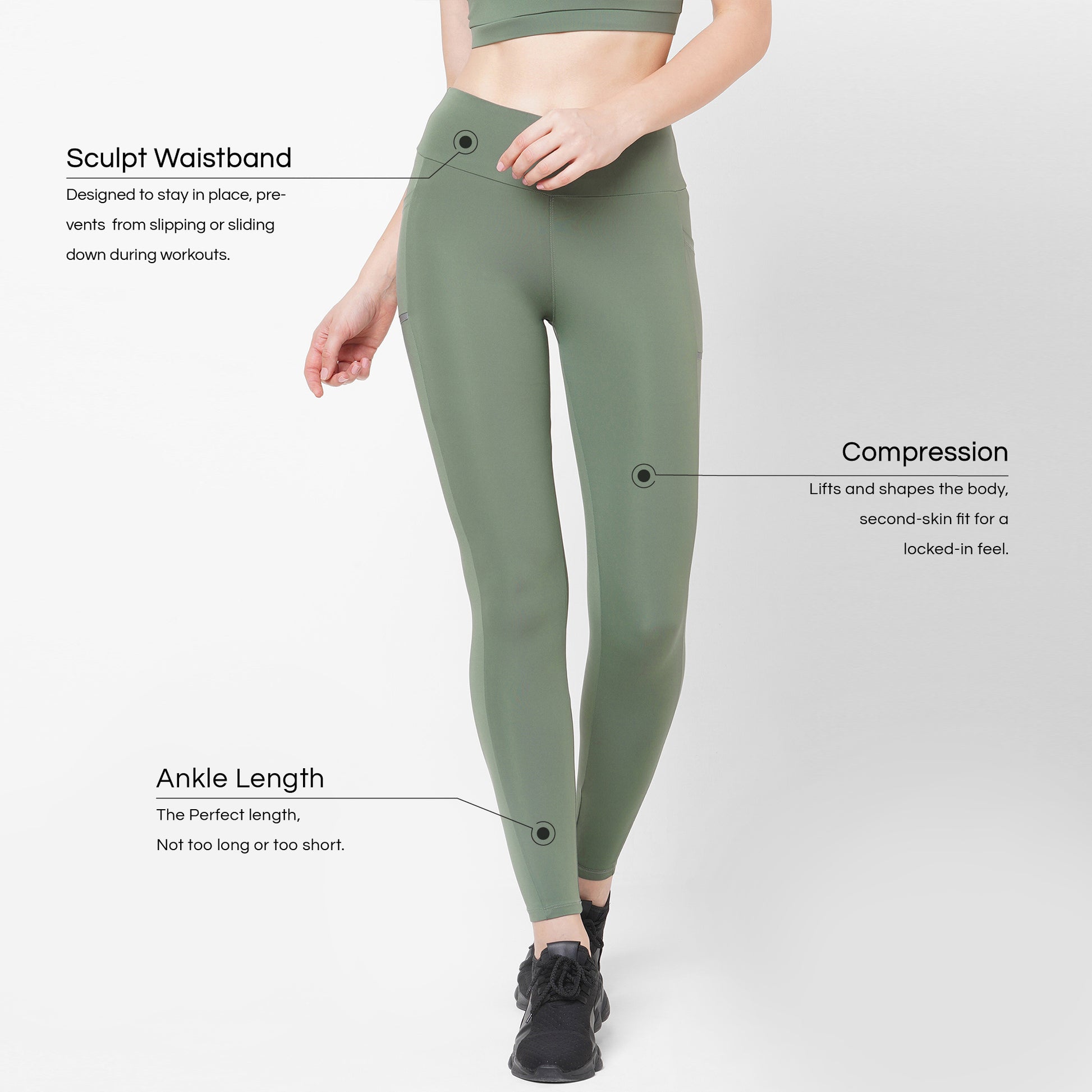 JUST-DRY Basil Green Snug Fit Train All Day 7/8 Tights for Women