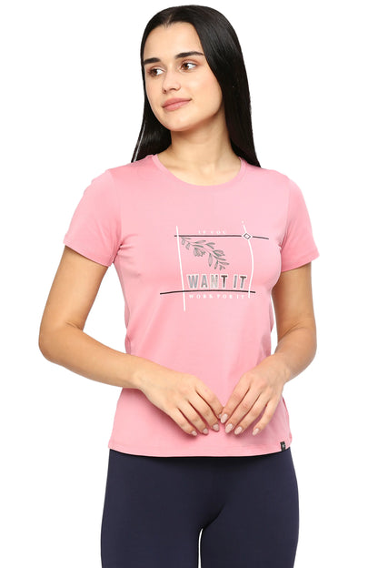 PINK SIDE SLIT COTTON T-SHIRT WITH REFLECTIVE PATCH PRINTED
