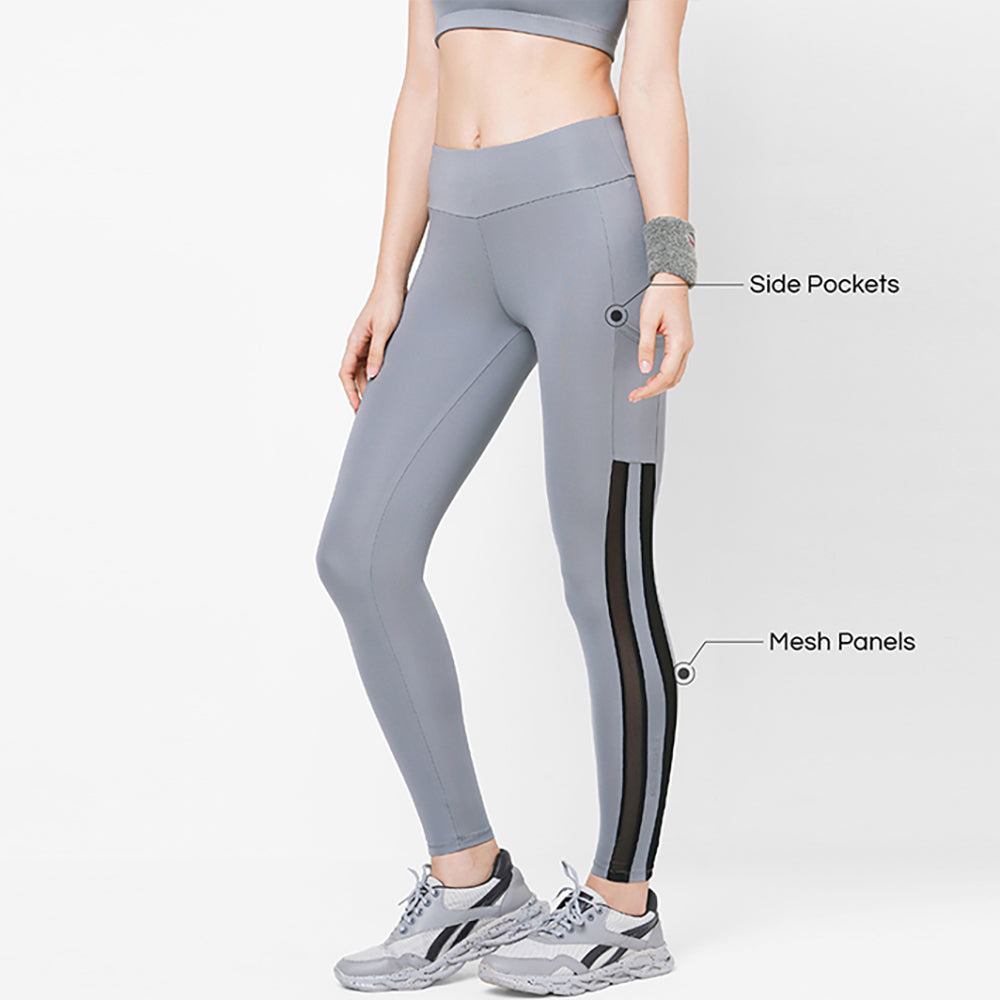 JUST-DRY Cement Grey Mesh Panel 7/8 Go Train Tights for Women