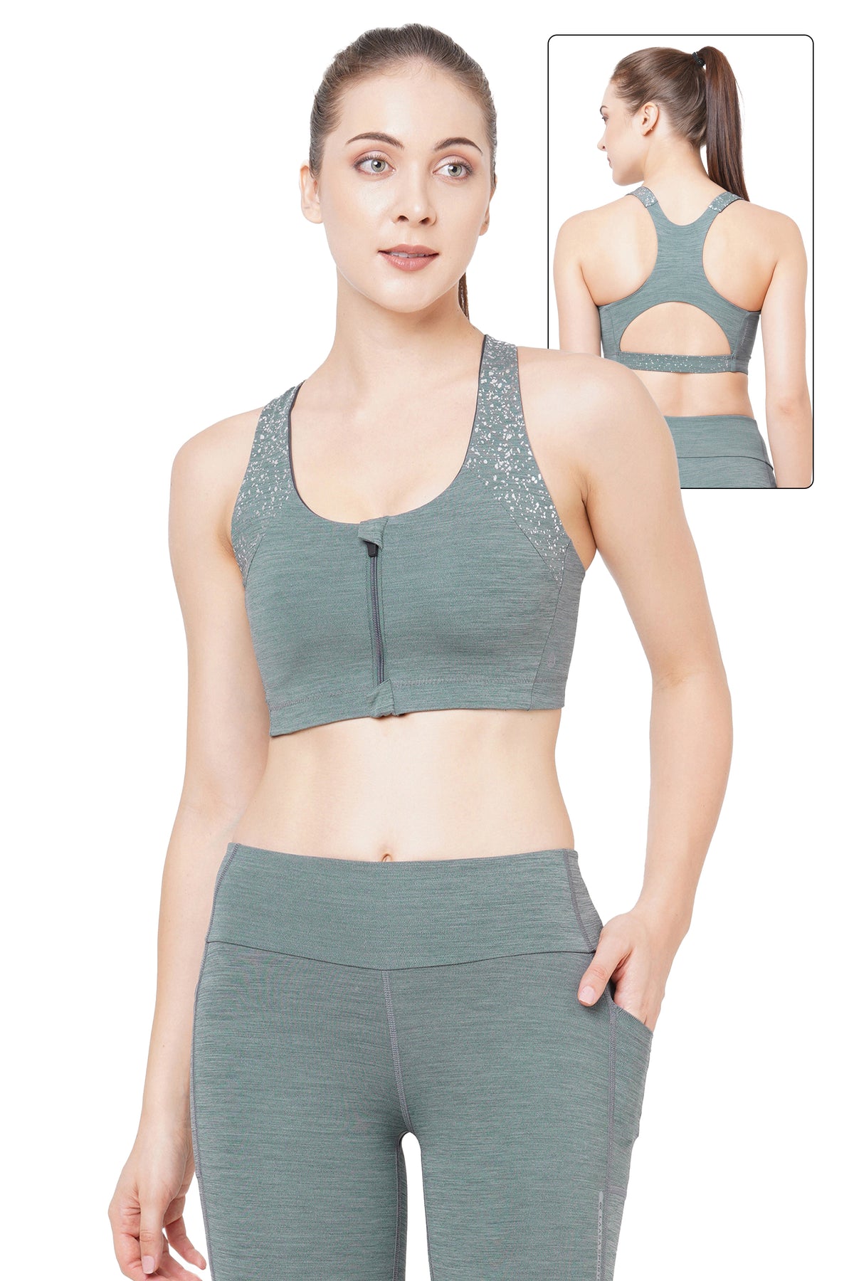 FRONT-ZIP HIGH IMPACT SILVER FOIL PRINT SPORTS BRA.