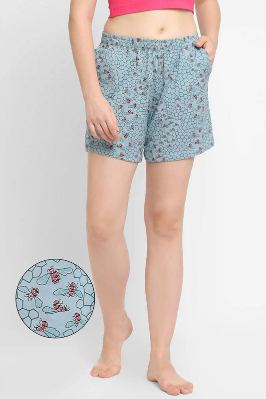 WOMEN SOFT COTTON HONEYBEE PRINT NIGHT SHORTS - SKY BLUE