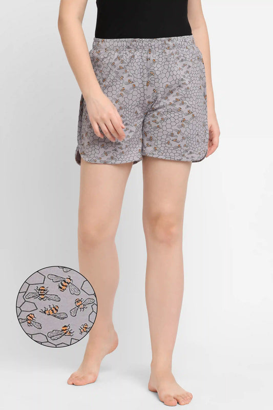 HONEYBEE PRINT CURVED HEM NIGHTWEAR LOUNGE SHORTS - STEEL GREY