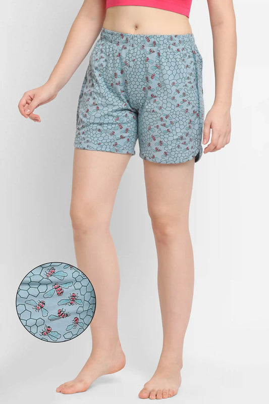 HONEYBEE PRINT CURVED HEM NIGHTWEAR LOUNGE SHORTS - SKY BLUE