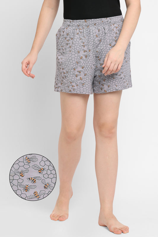 WOMEN SOFT COTTON HONEYBEE PRINT NIGHT SHORTS - STEEL GREY