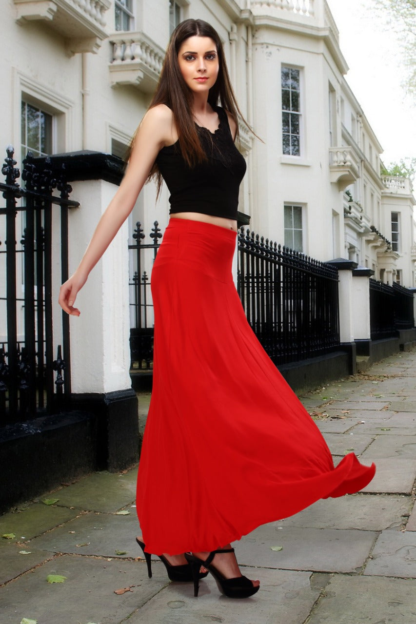 Red long skirt and black sale top